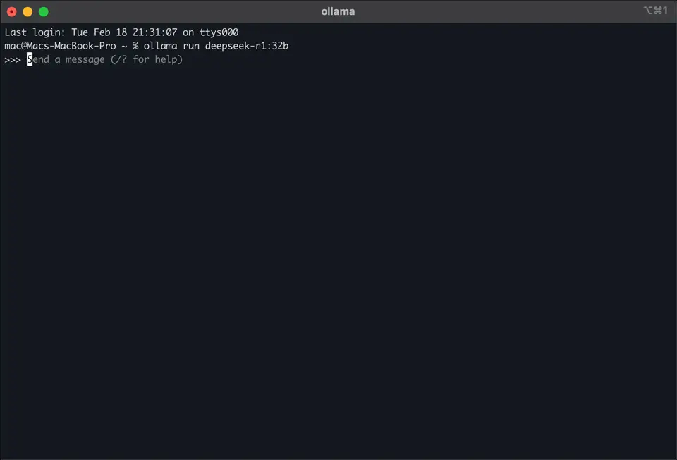 DeepSeek R1 running in Termninal with Ollama.